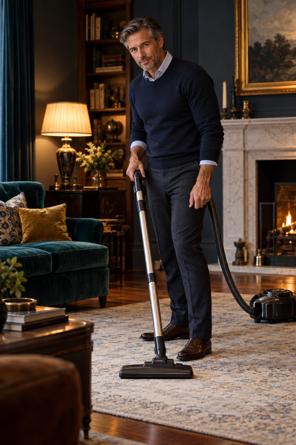 A fully clothed middle-aged man vacuuming an elegant living room